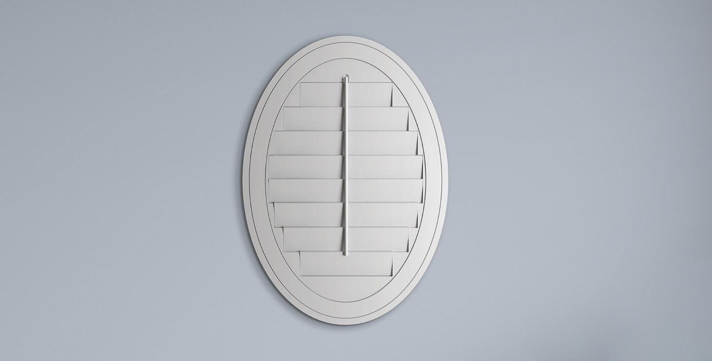 Oval white wall vent cover with adjustable horizontal slats on a light blue wall