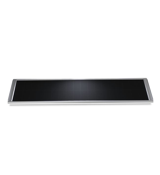 Slim rectangular black solar panel with silver frame on white background