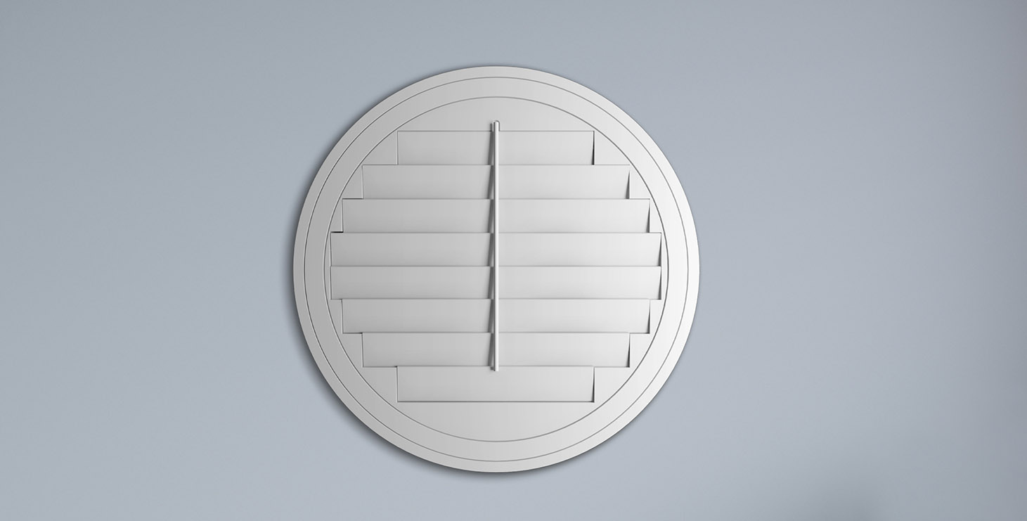 Round white ventilation cover with horizontal slats and a vertical center bar on a gray wall.