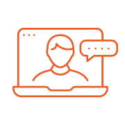 Orange line drawing of a laptop showing a person with a speech bubble for online communication.